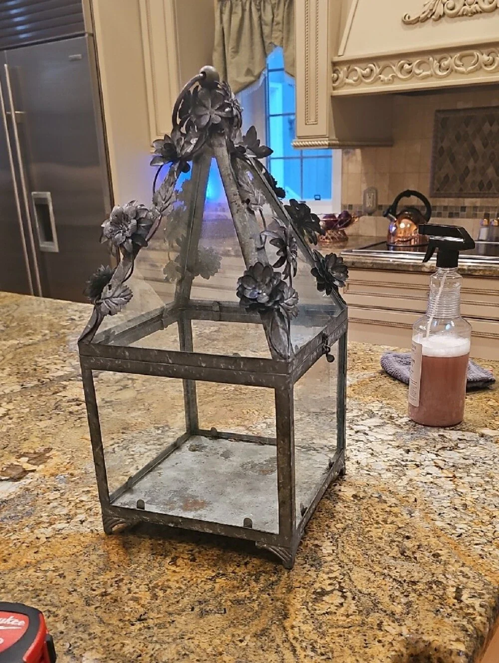 Large Decorative Metal and Glass Rose Terrarium Lantern -Silver 19